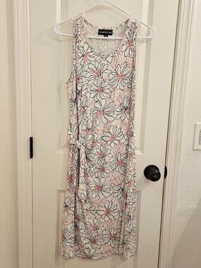Harper 241 Sleeveless Midi Dress White Black Pink Floral Line Art Tie M NWOT